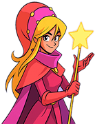 Cartoon sorceress holding a glowing star wand