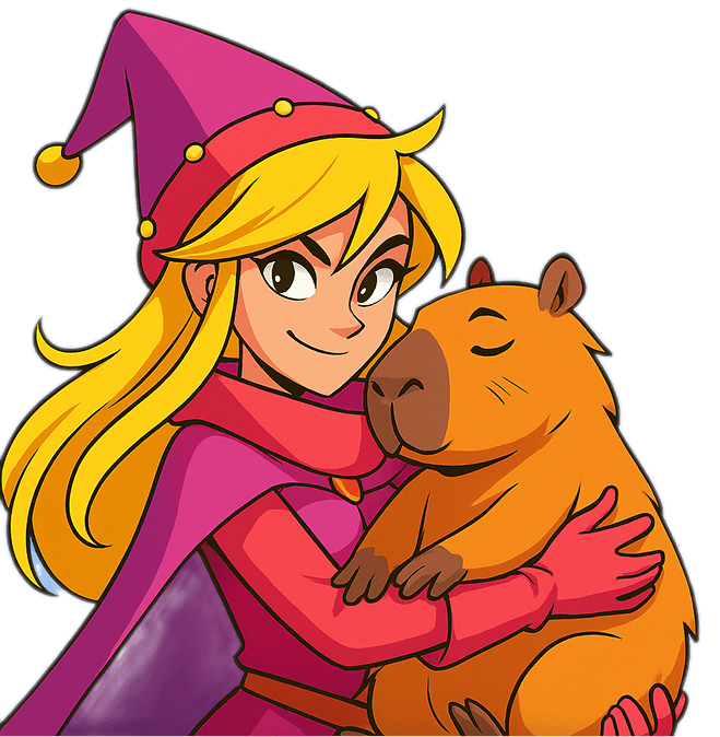 Cartoon sorceress hugging a content capybara.
